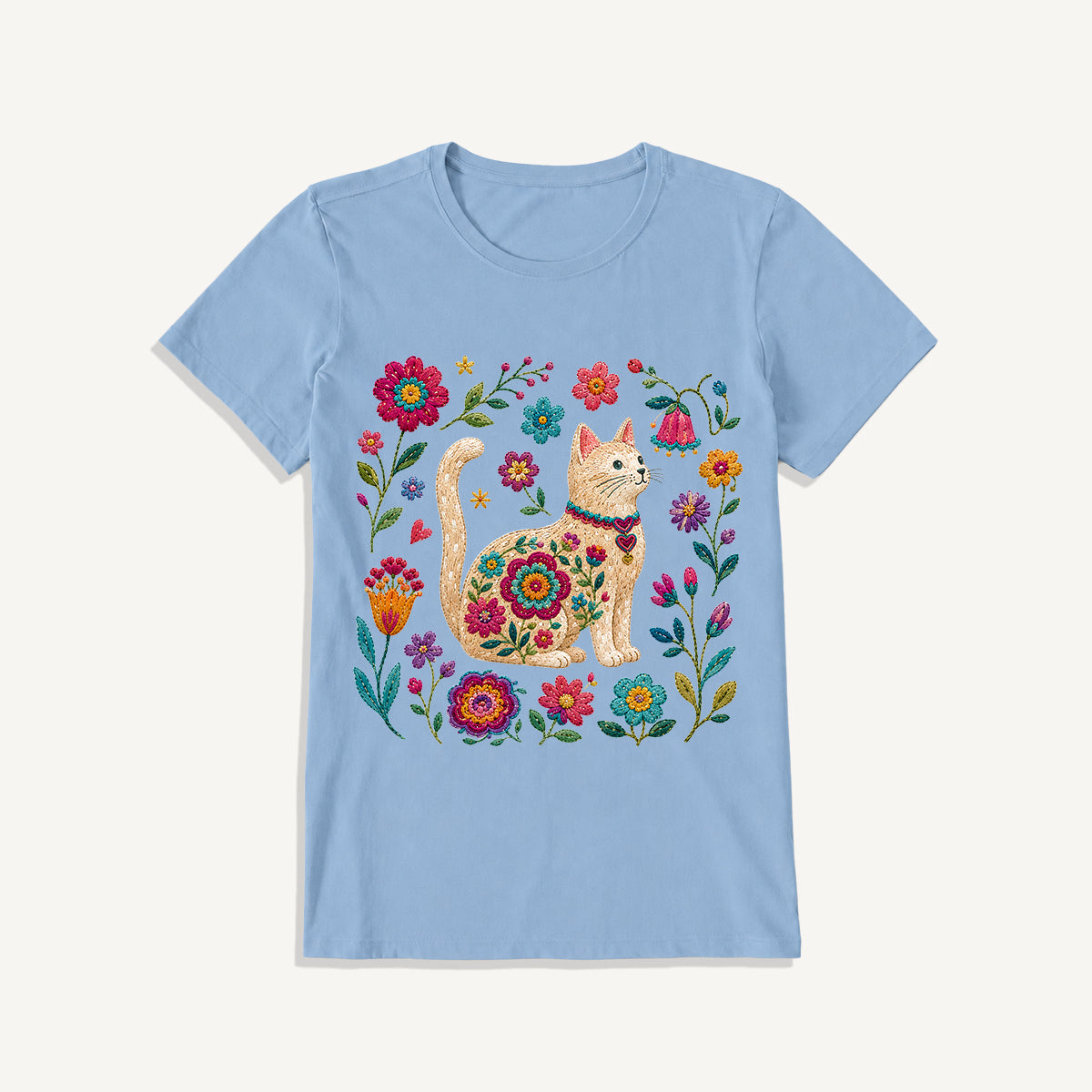 Embroidered Floral Cat Print Crew Neck Cotton Tee