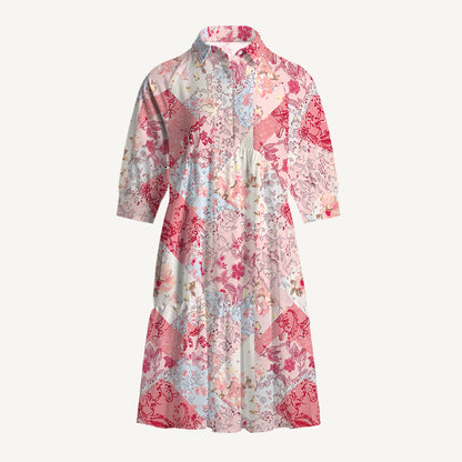 V Neck Collared Shabby Chic Floral Patchwork Mini Dress For Women With Pockets