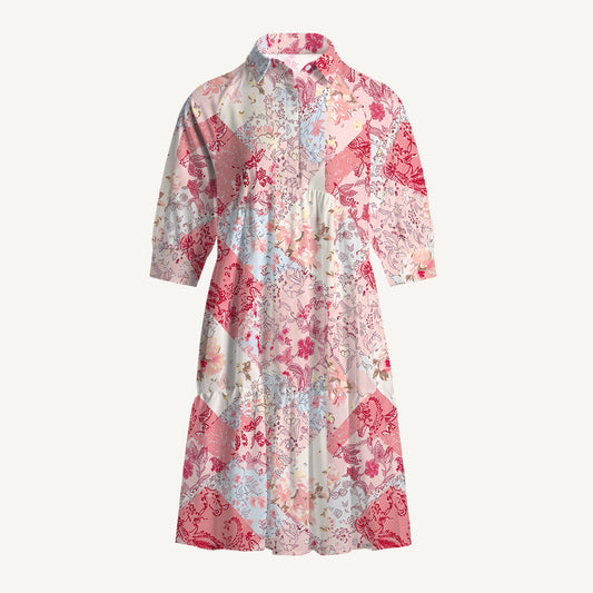 V Neck Collared Shabby Chic Floral Patchwork Mini Dress For Women With Pockets