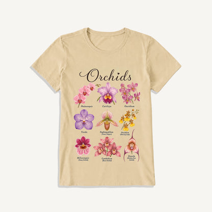 Vintage Orchid Botanical Illustration Print Crew Neck Cotton Tee