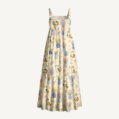 Vintage Floral Cats Print Wide Straps Maxi Dress With Pockets