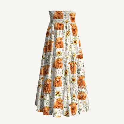 Spring Highland Cow Floral Print Convertible Maxi Skirt & Strapless Dress