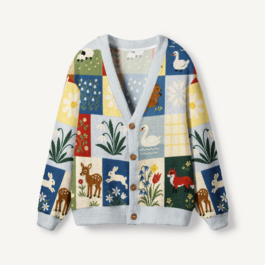 Forest Patchwork Animal Garden Print Ugly Cardigan Sweaters