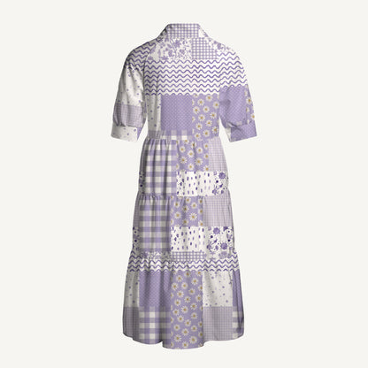 V Neck Collared Lavender Field Patchwork Print Quilt Print Casual Midi Dress With Pockets