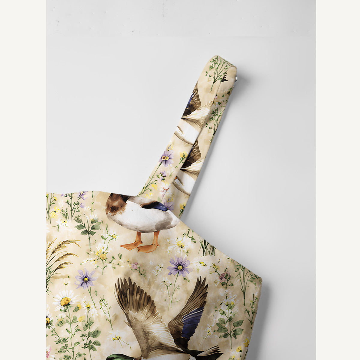 Watercolor Mallard Ducks Print Cotton Wide Straps Maxi Dress With Pockets
