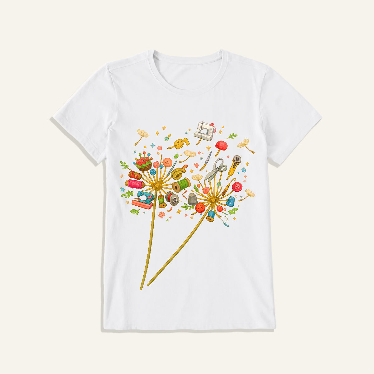 Sewing Tool Dandelion Art Print Crew Neck Cotton Tee