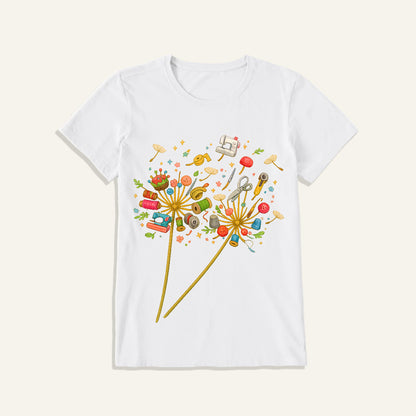Sewing Tool Dandelion Art Print Crew Neck Cotton Tee