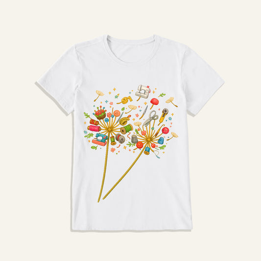 Sewing Tool Dandelion Art Print Crew Neck Cotton Tee