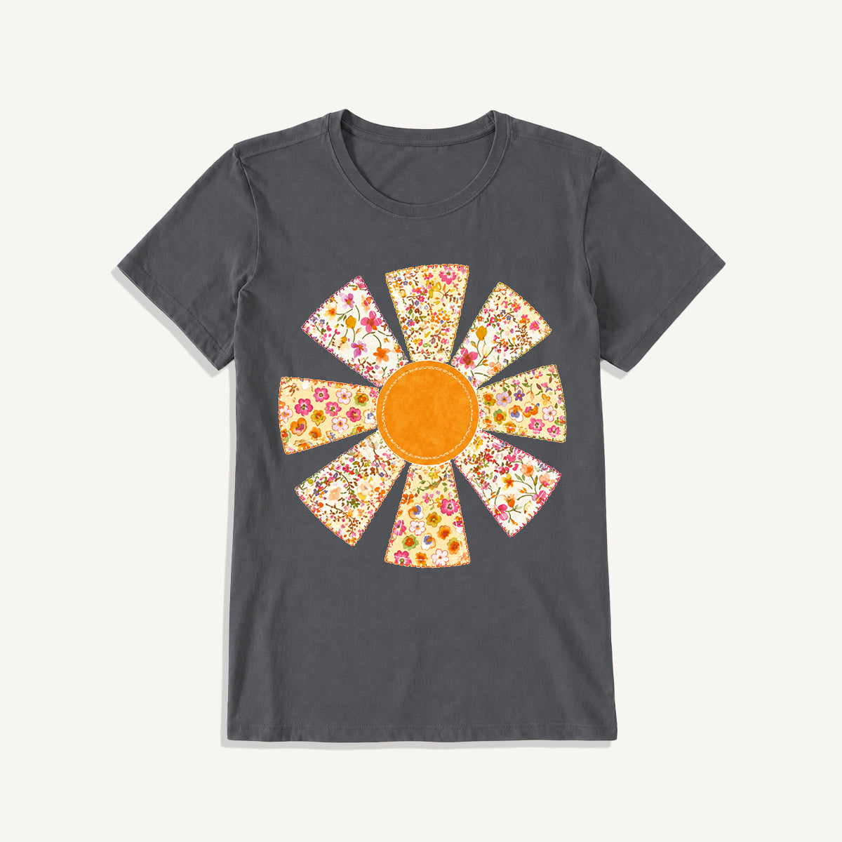 Golden Patchwork Daisy Print Crew Neck Cotton Tee