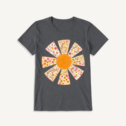 Golden Patchwork Daisy Print Crew Neck Cotton Tee