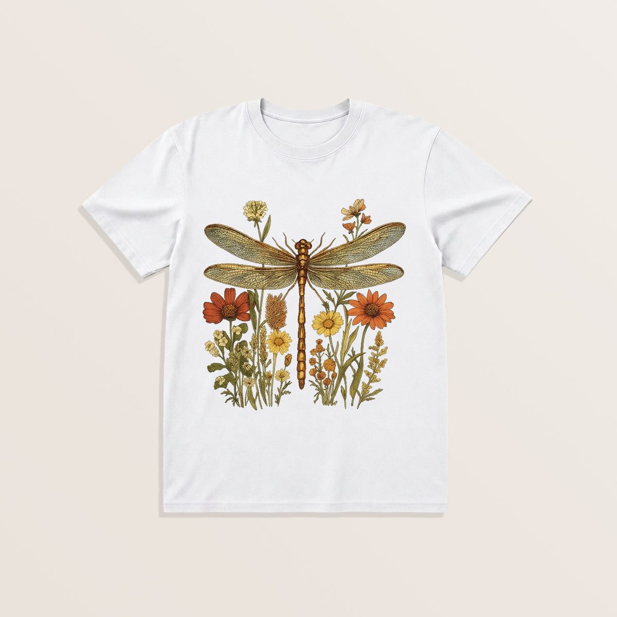 Vintage Dragonfly Blooms Print Crew Neck Cotton Tee