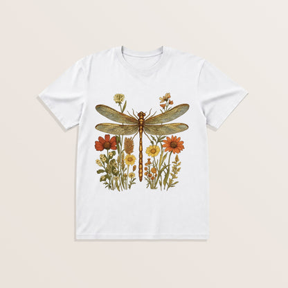 Vintage Dragonfly Blooms Print Crew Neck Cotton Tee