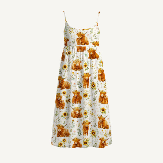 Spring Highland Cow Floral Print Spaghetti Strap Mini Dress