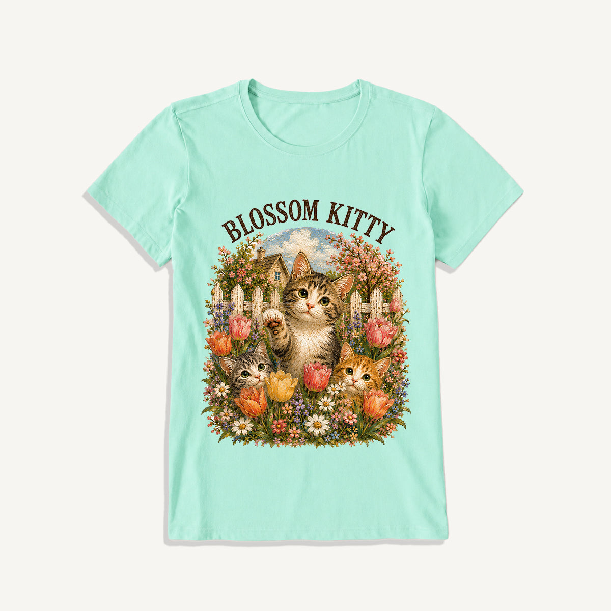 Blossom Kitty Cottage Print Crew Neck Cotton Tee