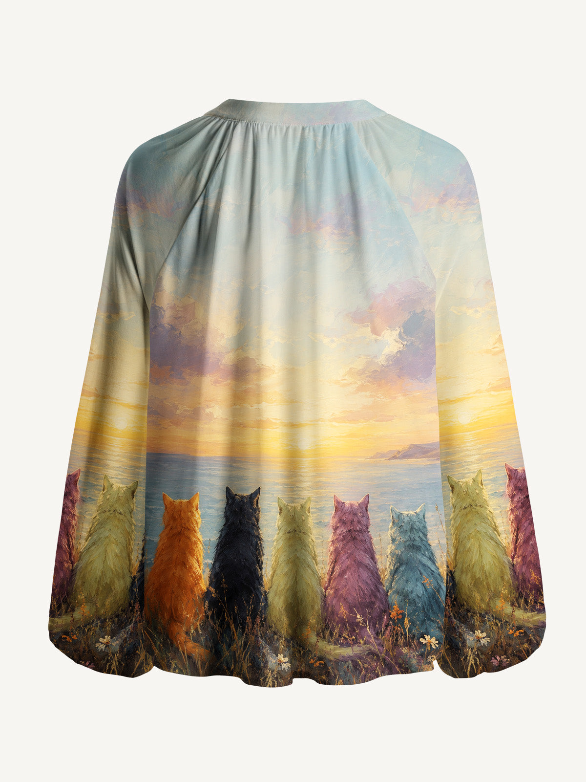 Sunset Cat Garden Art  Print Boho Long Sleeve Tie‑Neck Blouse