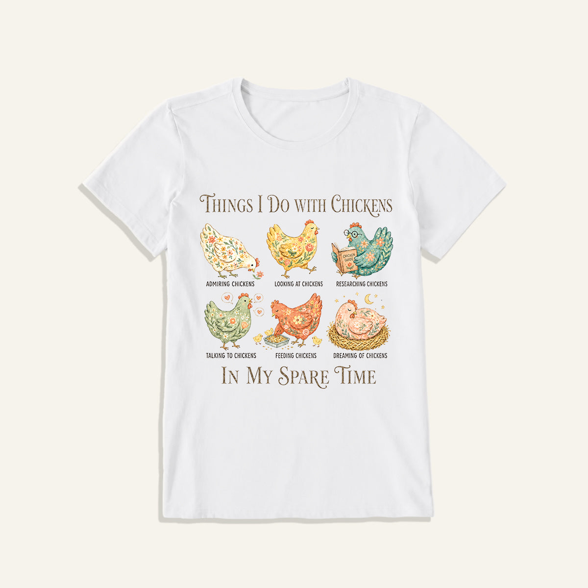 Floral Chicken Garden Life Print Crew Neck Cotton Tee