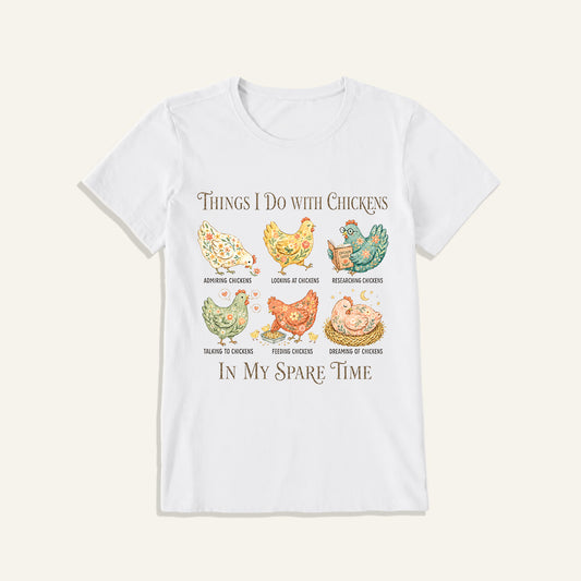 Floral Chicken Garden Life Print Crew Neck Cotton Tee