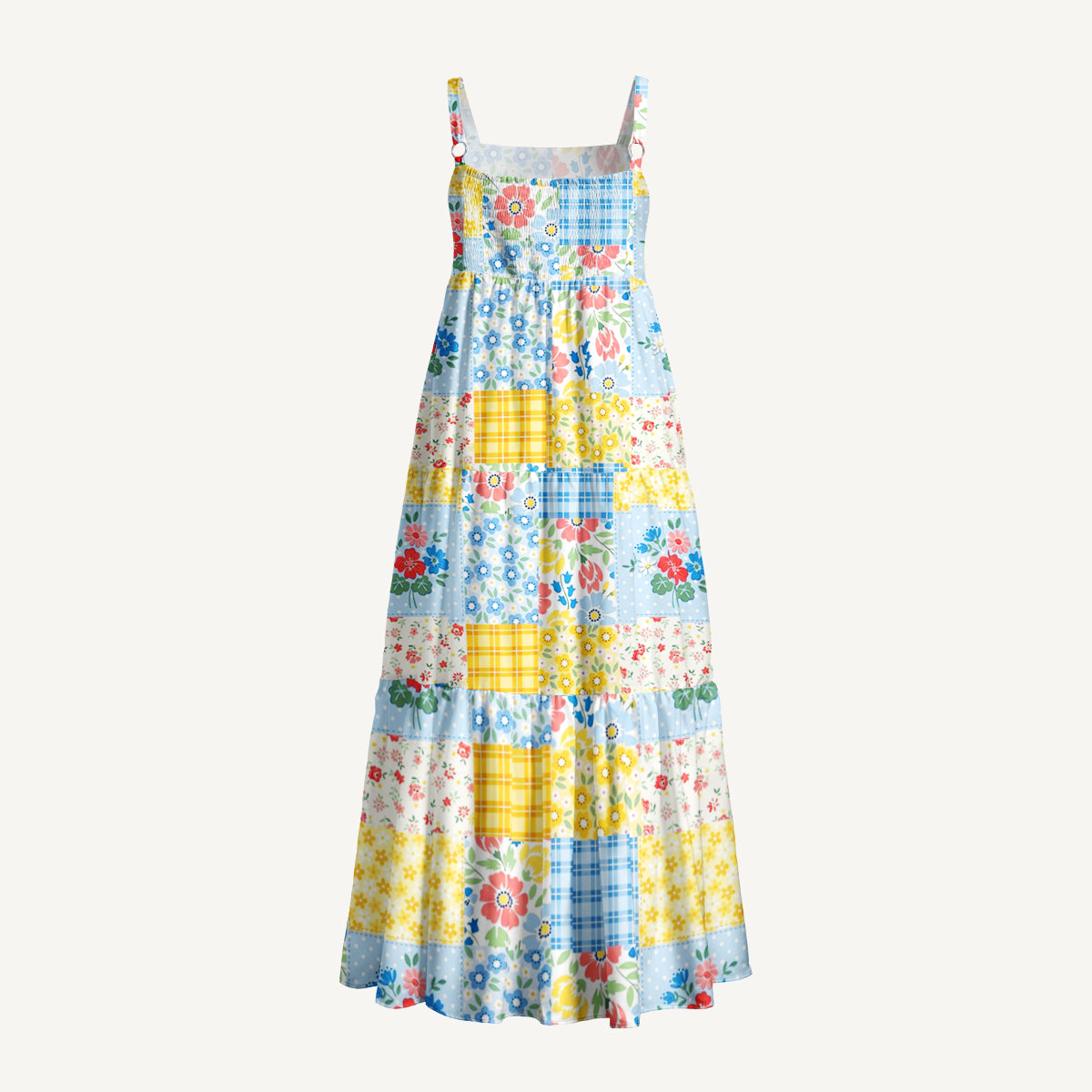 Blue Flower Print Patchwork Wide Straps Maxi Dress With Pockets