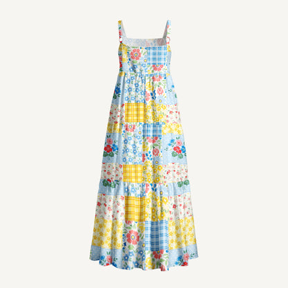Blue Flower Print Patchwork Wide Straps Maxi Dress With Pockets
