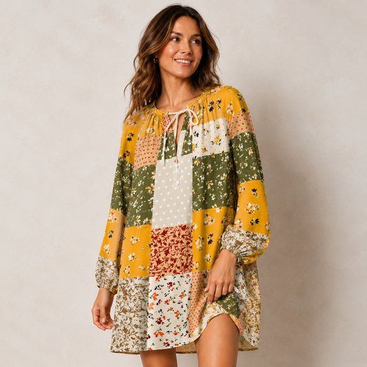 Rustic Floral Patchwork Print Boho Tie‑Neck Smock Mini Dress