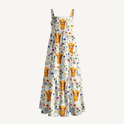 Farm Animal Boho Highland Cow Print Wide Straps Maxi Dress With Pockets