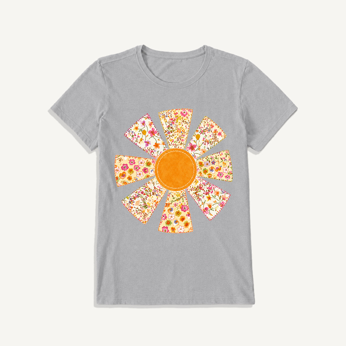 Golden Patchwork Daisy Print Crew Neck Cotton Tee