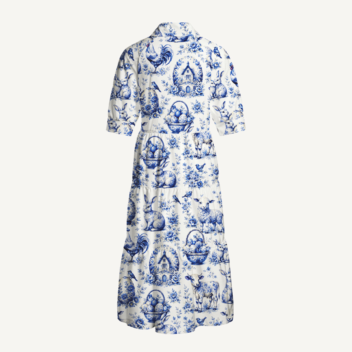 V Neck Collared Delft Farm Print Casual Midi Dress With Pockets