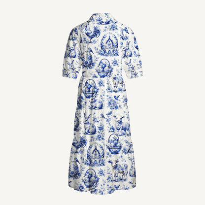 V Neck Collared Delft Farm Print Casual Midi Dress With Pockets