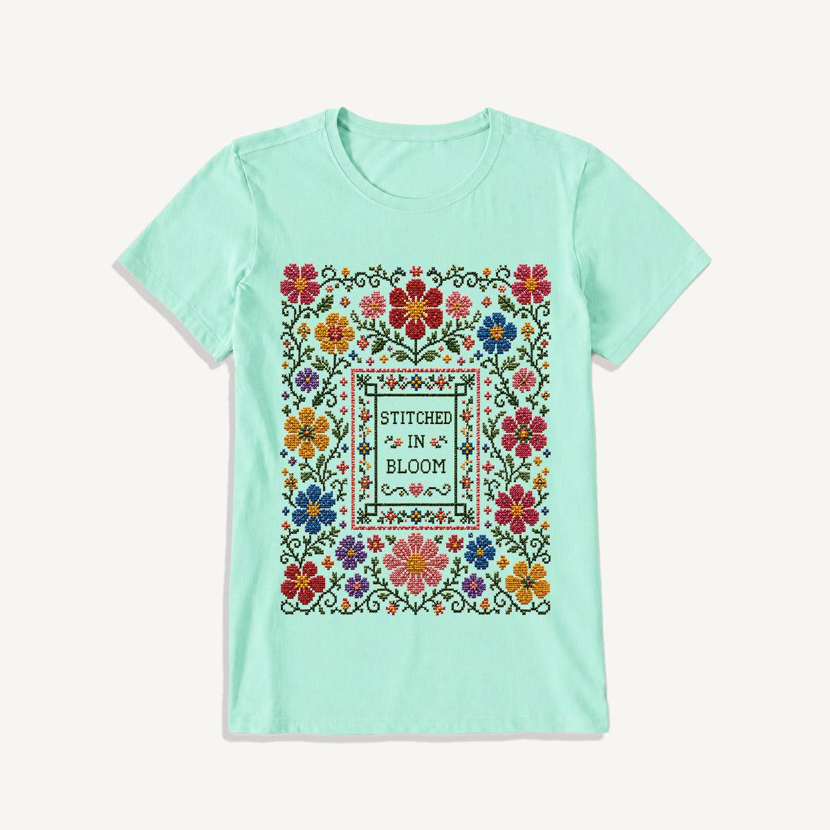 Blooming Folk Floral Cross-Stitch Print Crew Neck Cotton Tee