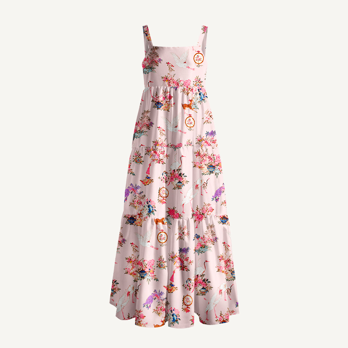 Vintage Oriental Crane Print Wide Straps Maxi Dress With Pockets