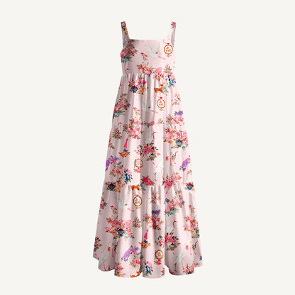 Vintage Oriental Crane Print Wide Straps Maxi Dress With Pockets