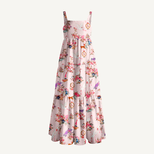 Vintage Oriental Crane Print Wide Straps Maxi Dress With Pockets