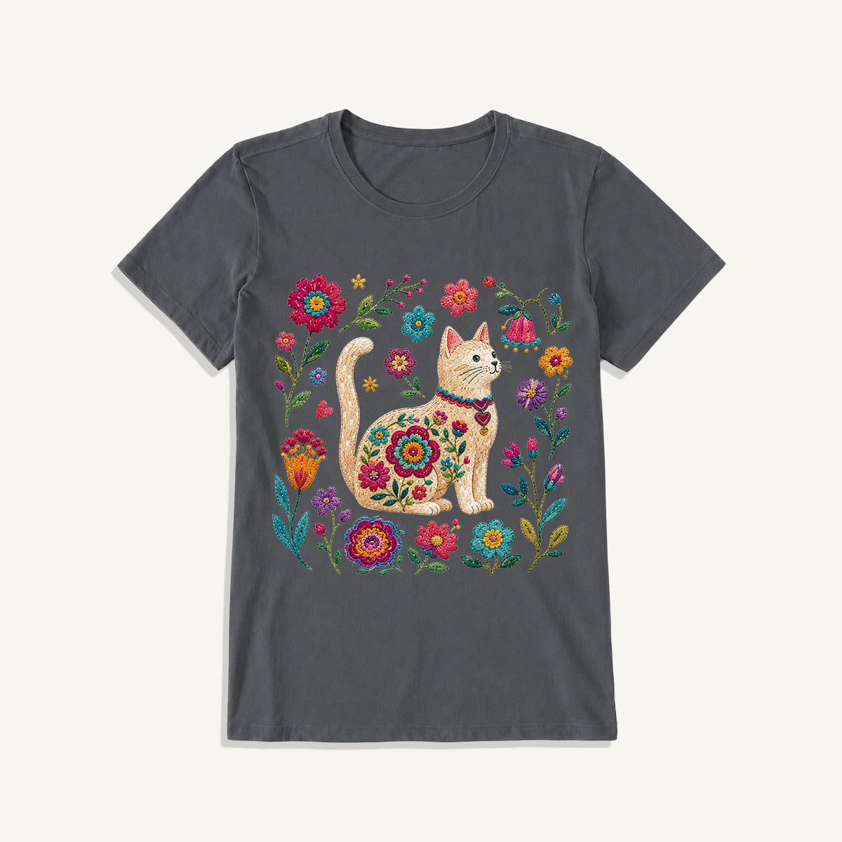 Embroidered Floral Cat Print Crew Neck Cotton Tee