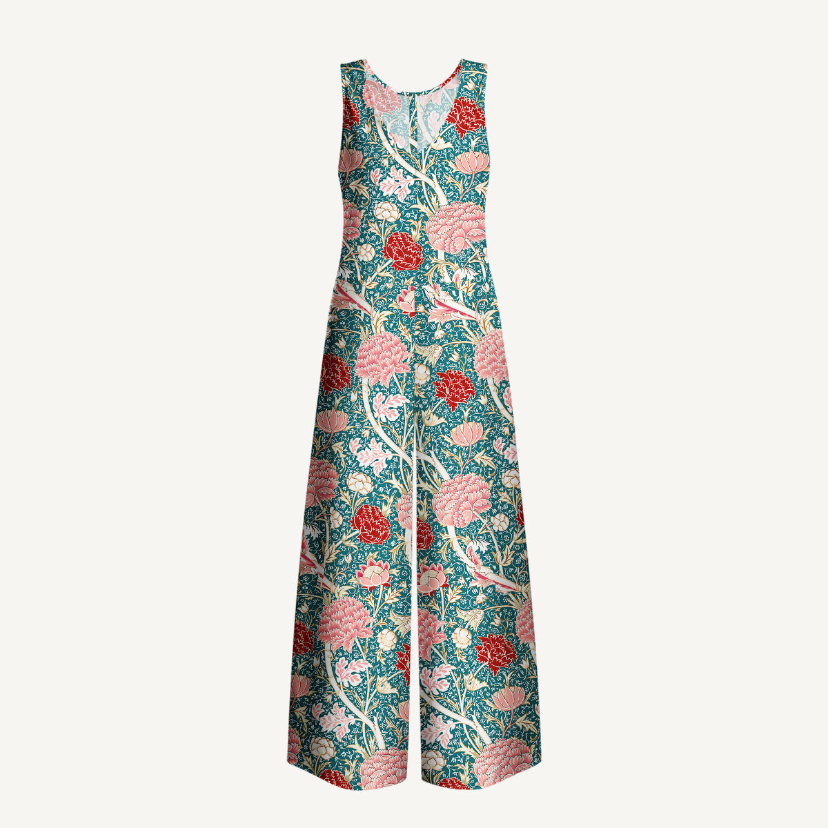 Vintage Peony Lotus Floral Print Boho Jumpsuit with Pockets for Women