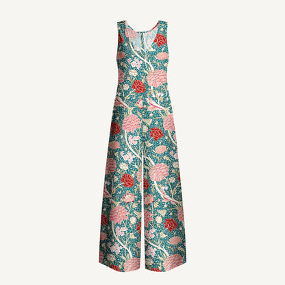Vintage Peony Lotus Floral Print Boho Jumpsuit with Pockets for Women