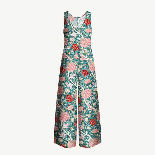 Vintage Peony Lotus Floral Print Boho Jumpsuit with Pockets for Women