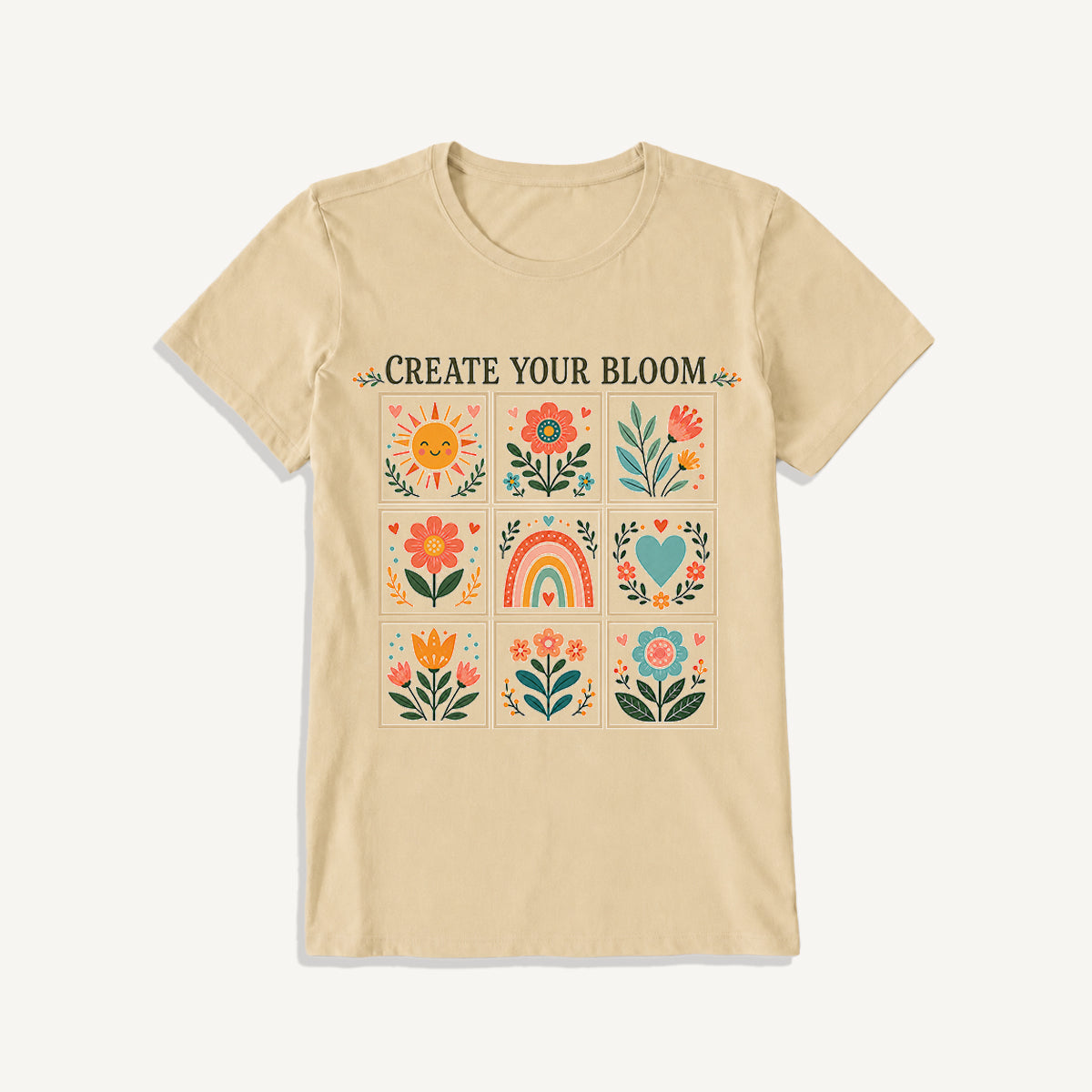 Folk Art Bloom Grid Print Crew Neck Cotton Tee