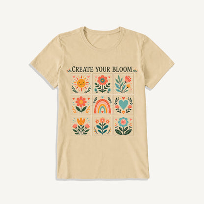 Folk Art Bloom Grid Print Crew Neck Cotton Tee