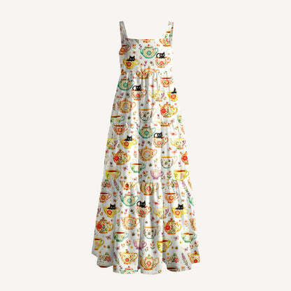 Whimsical Floral Teacup Cat Print Wide Straps Maxi Dress With Pockets