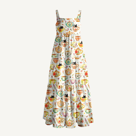 Whimsical Floral Teacup Cat Print Wide Straps Maxi Dress With Pockets