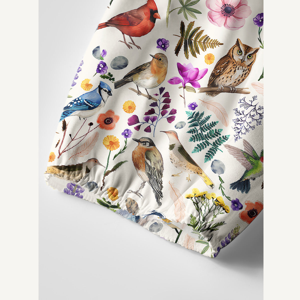 Whimsical Woodland Birds Wildflowers Print Boho Tie‑Neck Smock Mini Dress