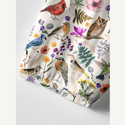 Whimsical Woodland Birds Wildflowers Print Boho Tie‑Neck Smock Mini Dress