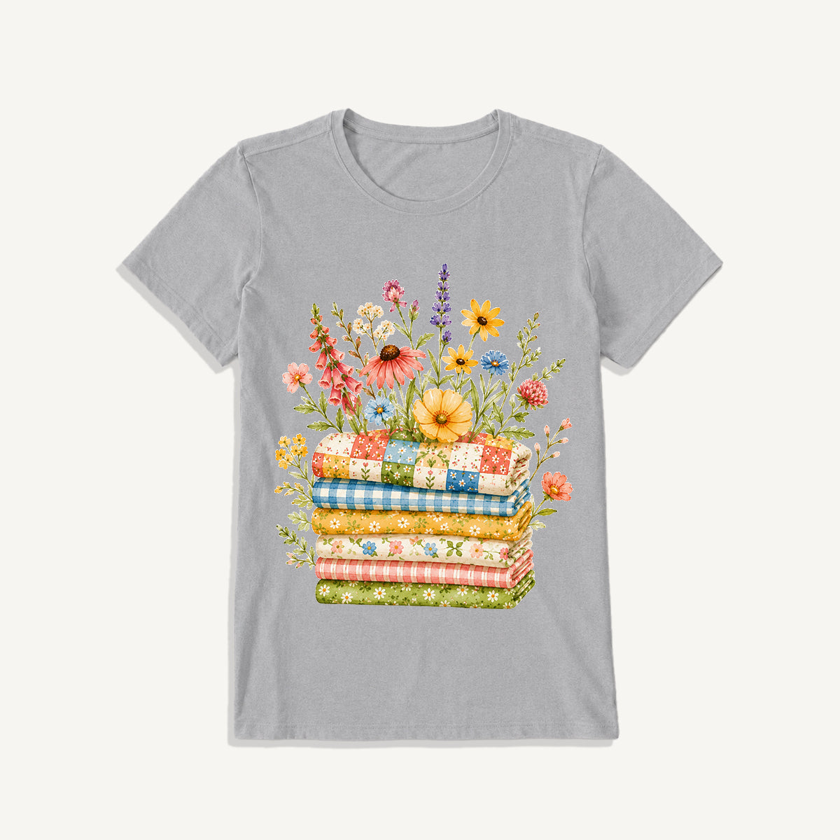 Cozy Floral Quilt Stack Print Crew Neck Cotton Tee