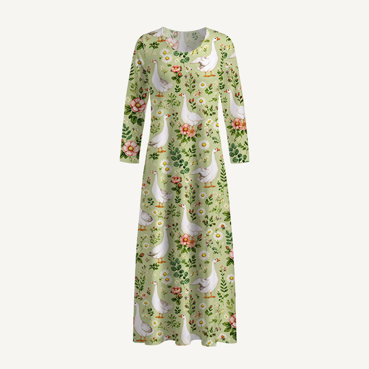 Pastoral Goose Garden Print Soft-Touch Stretch Knit Long Sleeve Maxi Dress with Pockets