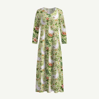 Pastoral Goose Garden Print Soft-Touch Stretch Knit Long Sleeve Maxi Dress with Pockets
