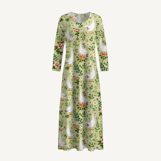 Pastoral Goose Garden Print Soft-Touch Stretch Knit Long Sleeve Maxi Dress with Pockets