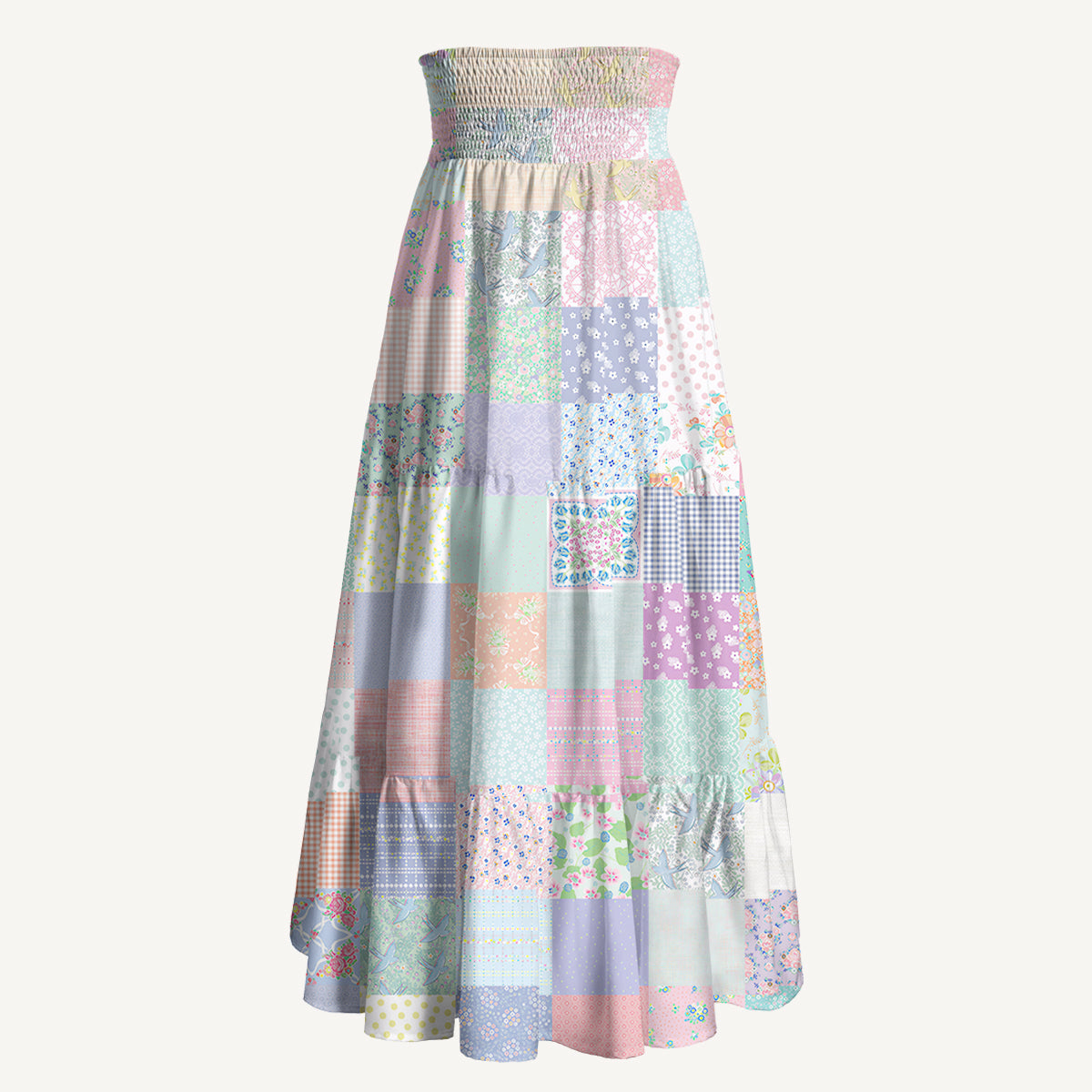 Vintage Quilt Patchwork Print Convertible Maxi Skirt & Strapless Dress