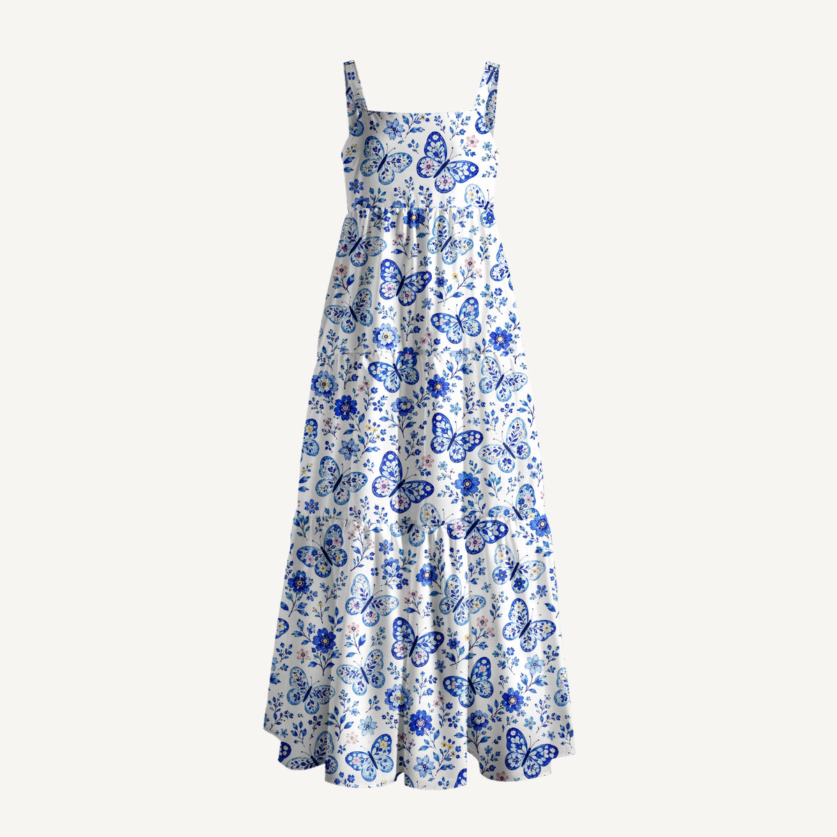 Delft Blue Butterfly Floral Print Wide Straps Maxi Dress With Pockets