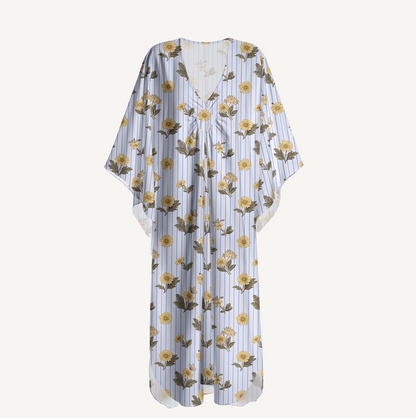 V‑Neck Blue Marigold Kimono Sleeve Kaftan Dress