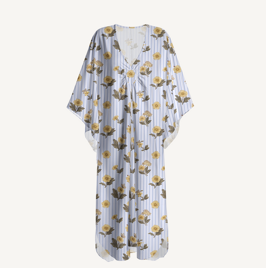 V‑Neck Blue Marigold Kimono Sleeve Kaftan Dress